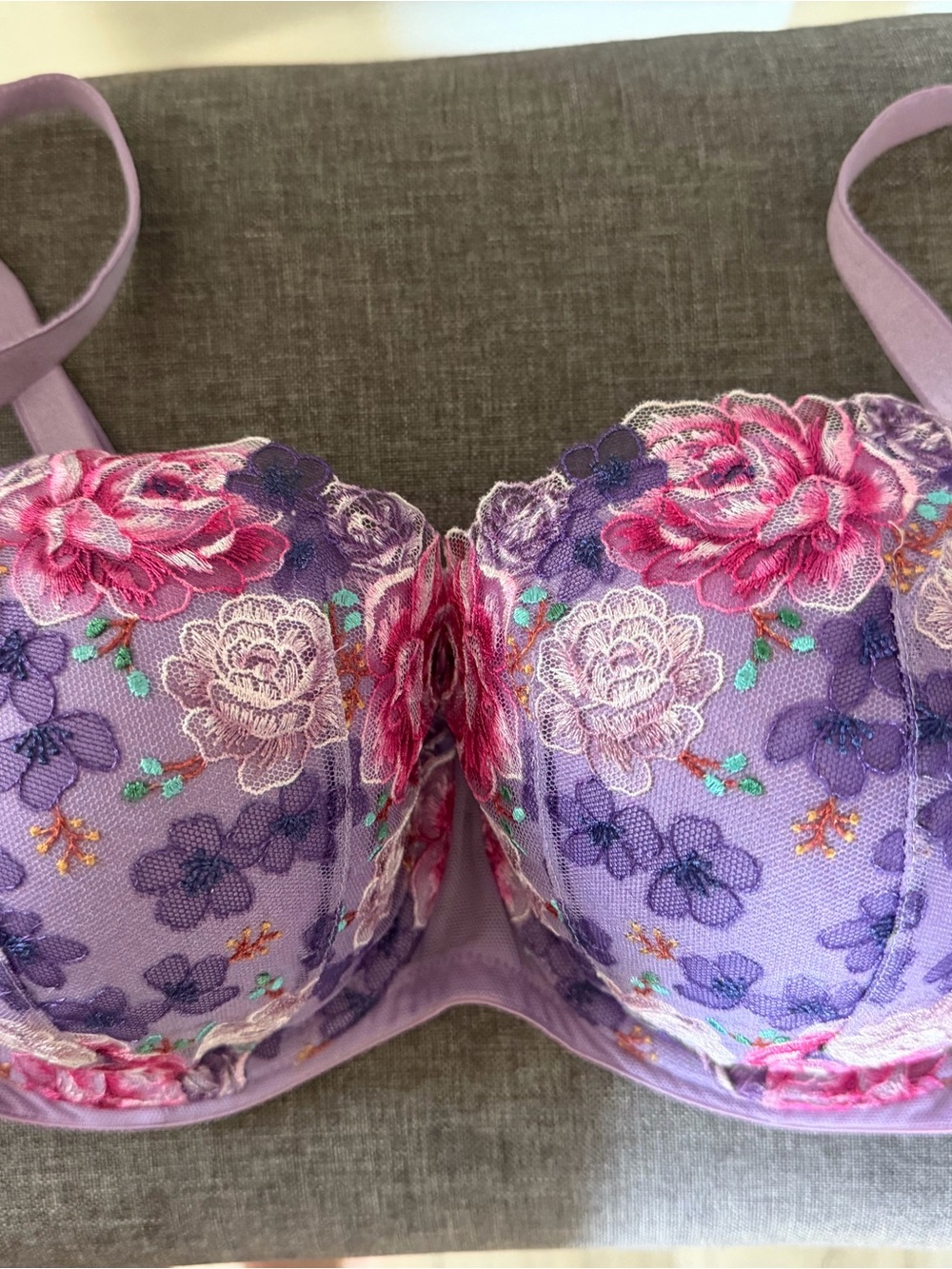 Victoria's Secret Lavender Floral Embroidered Bra with Pink Accents